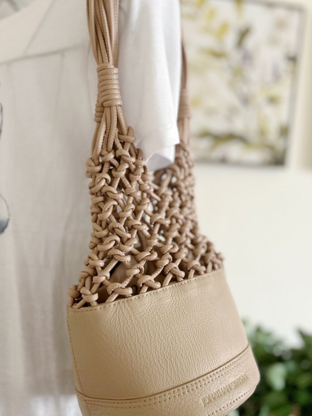 Jonathan Simkhai Nude Pink Leather Woven Fisherman Net Keira Bucket Bag